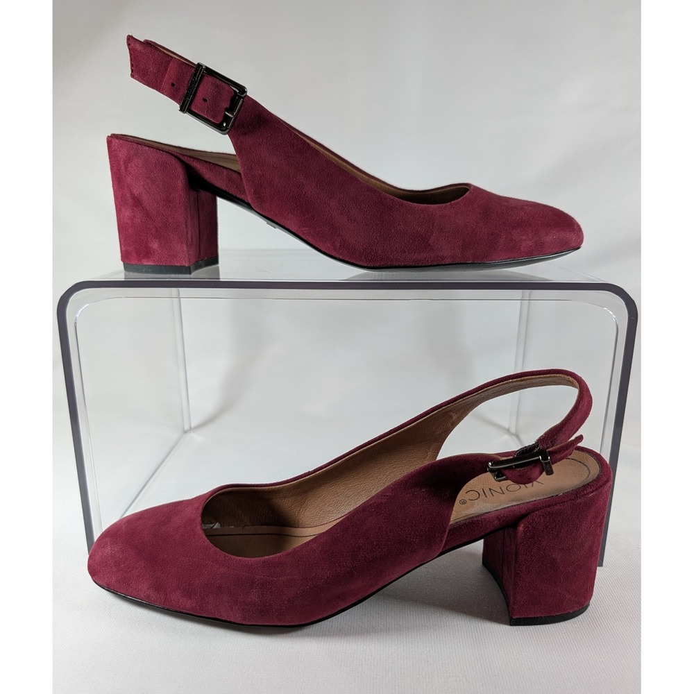 Vionic Nareen Burgundy Suede Slingback Block Heel Pumps Square Toe Shoes Size 10